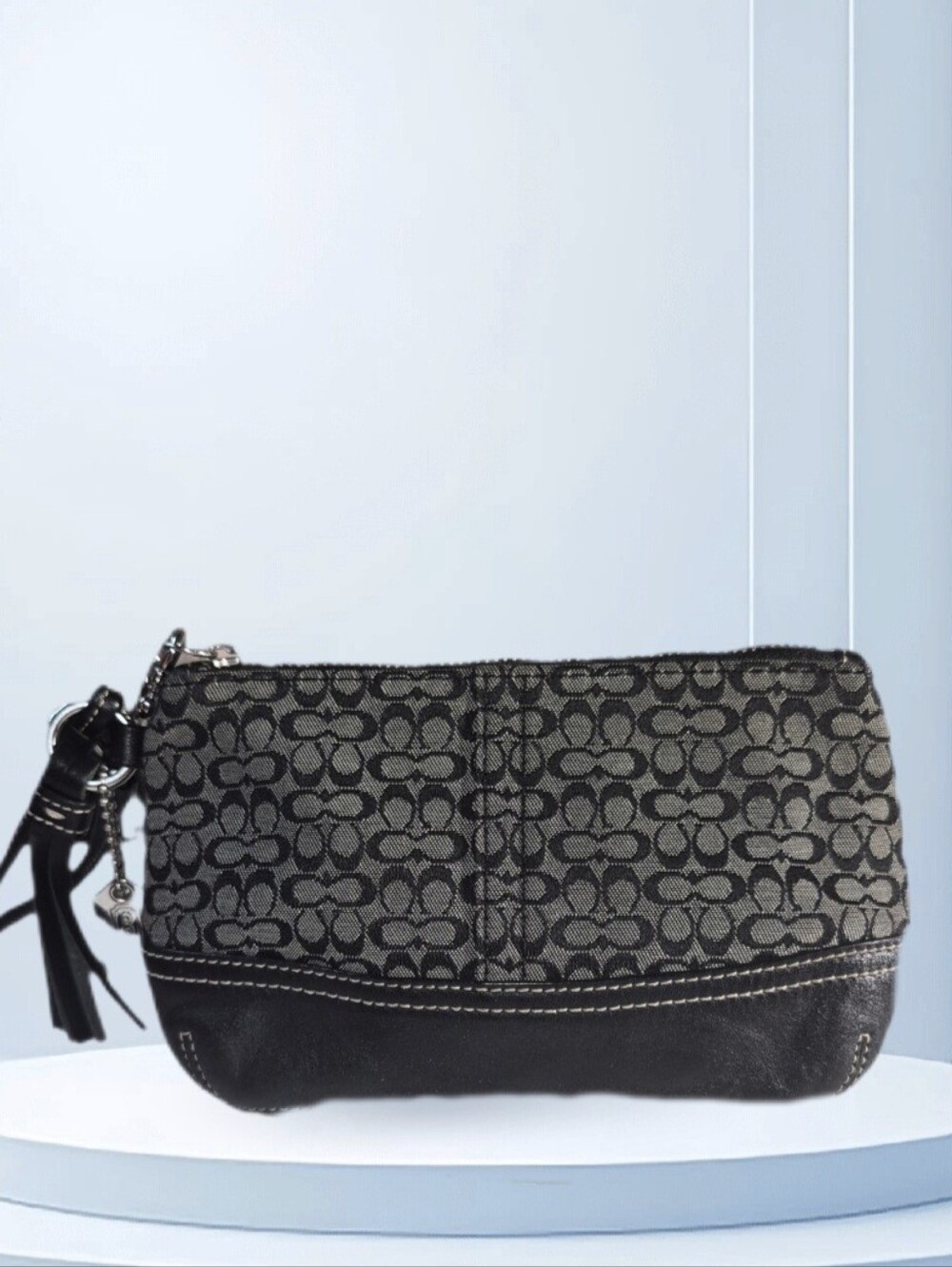 Coach Y2K Black and Gray Signature Canvas Wristlet with Leather Tassel Charm
